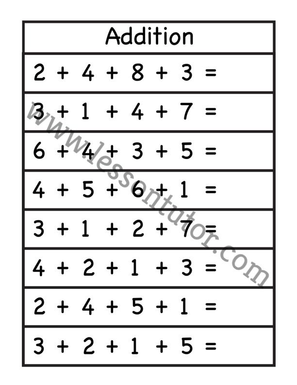 Add Four Numbers Worksheet First Grade - Lesson Tutor