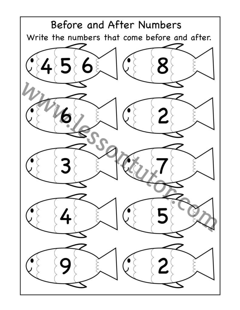 before and after numbers 1 10 fishes worksheet kindergarten lesson tutor