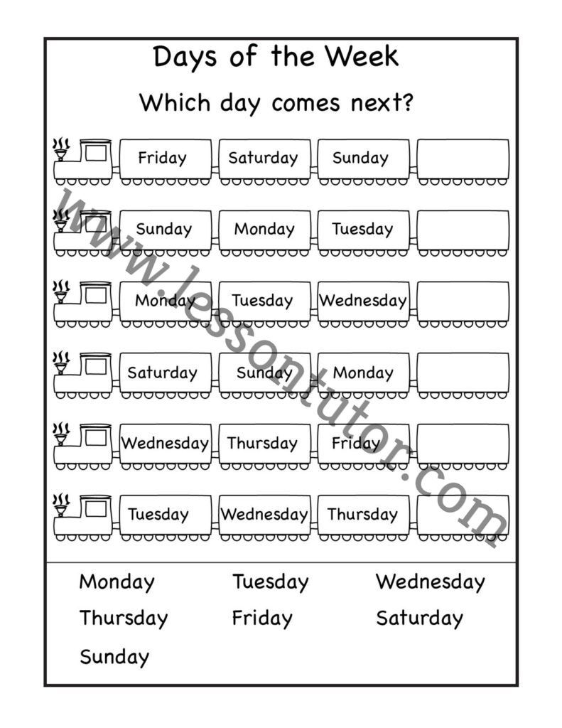 Days of the Week Worksheets - Lesson Tutor