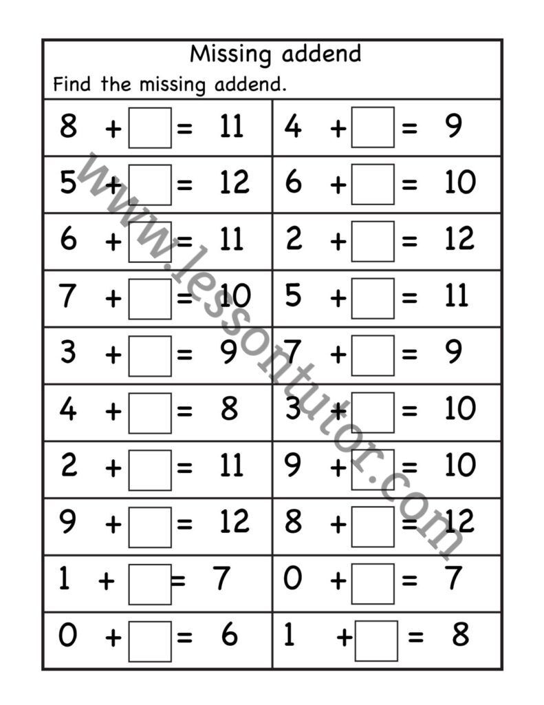 Missing Addend Worksheet First Grade 3 - Lesson Tutor