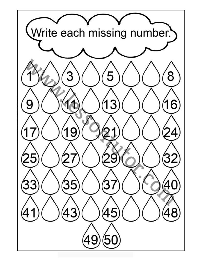 Missing Numbers 1 50 Three Worksheets Kindergarten Lesson Tutor