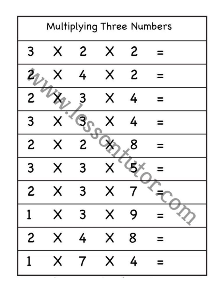 Multiplying 3 Numbers Worksheet First Grade - Lesson Tutor