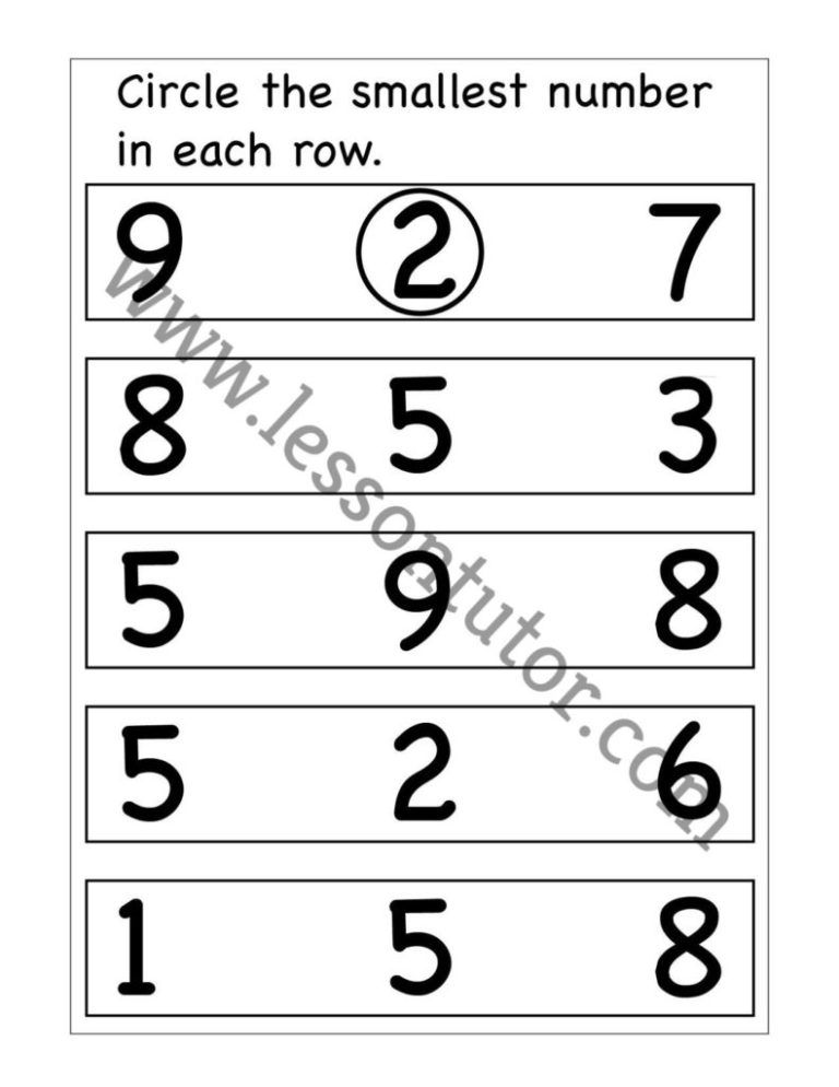 Number Comparison – Smallest Number Worksheets Kindergarten - Lesson Tutor