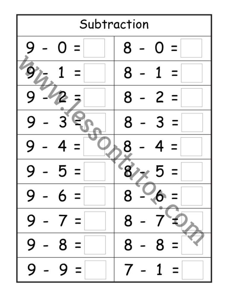 Subtraction Worksheets - Lesson Tutor