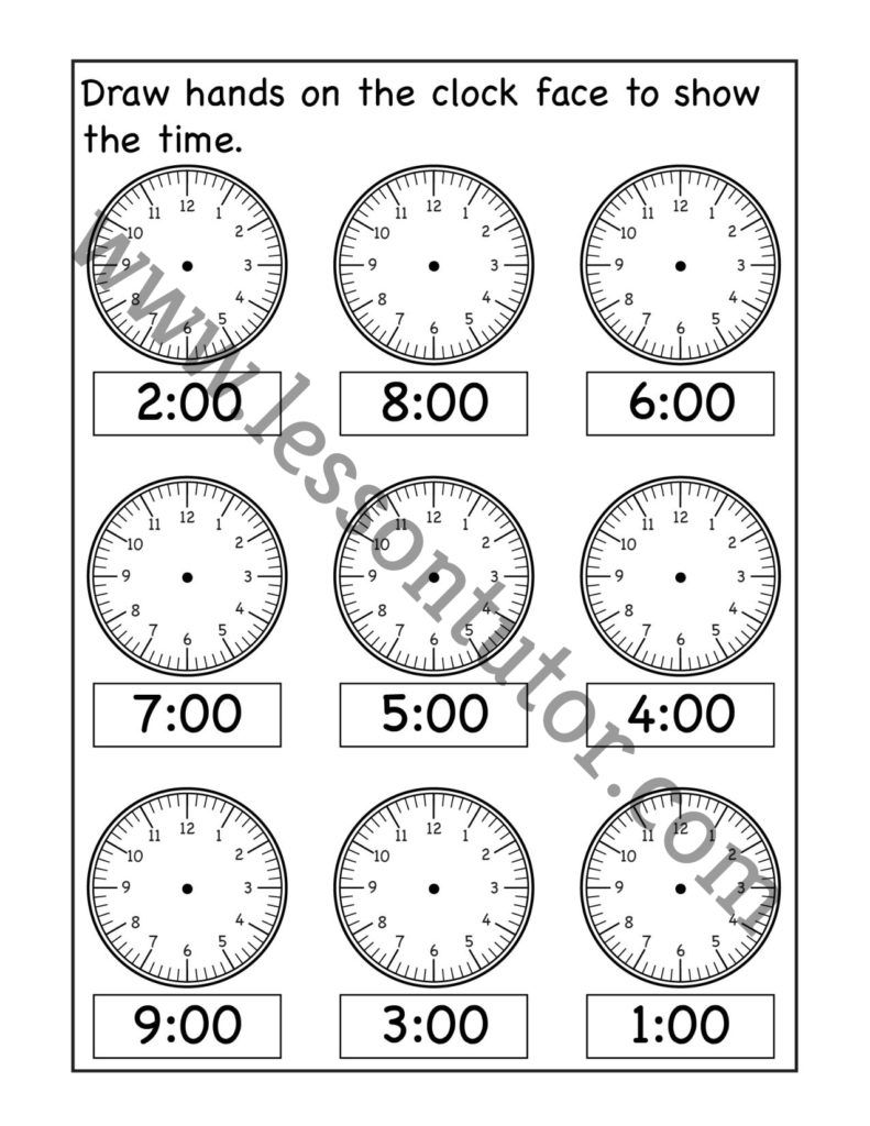 Time Draw Hands On The Clock Face Worksheets Kindergarten Lesson Tutor