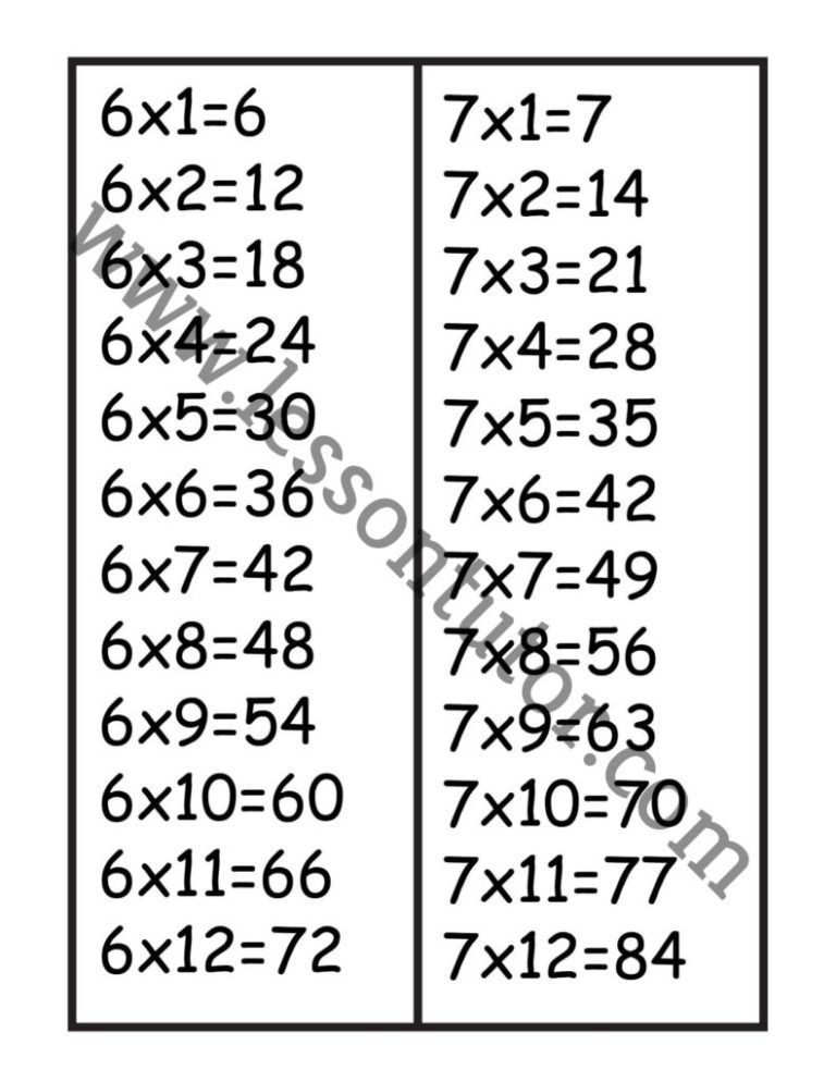 Times Table 6 & 7 Worksheet 3rd Grade - Lesson Tutor